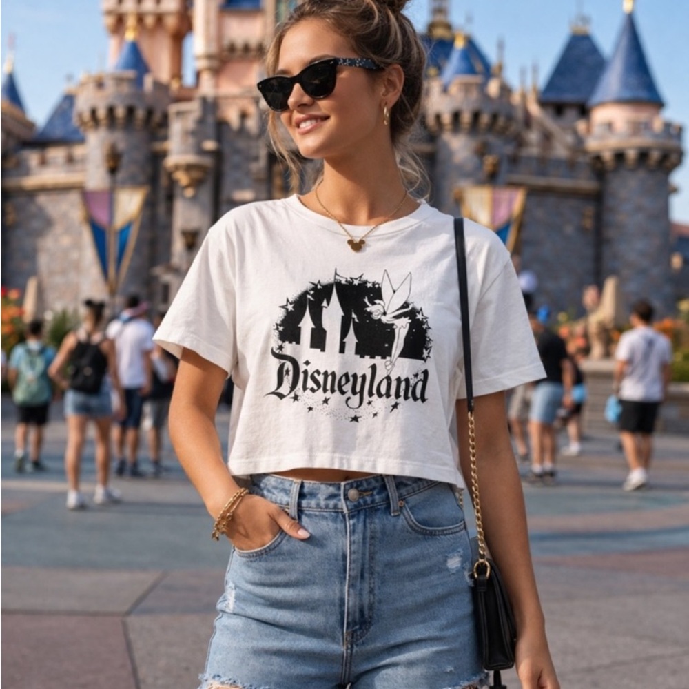 Disney 100 Disneyland Tinkerbell Cropped White Tee
